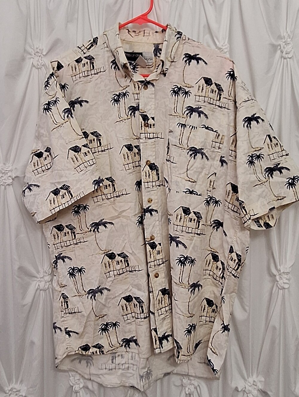 Beige Palm-Print Short-Sleeve Buttondown
